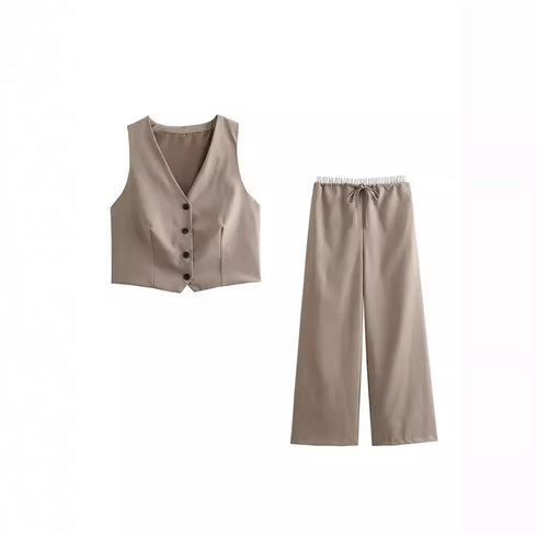 Women's Fashion Casual V-Neck Slim Fit Vest and Wide Leg Pants Set for Autumn Elegant Party Wear